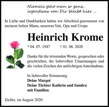 Traueranzeige von Heinrich Krome  von Magdeburger Volksstimme