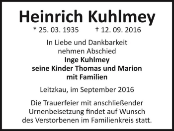 Traueranzeige von Heinrich Kuhlmey  von Magdeburger Volksstimme