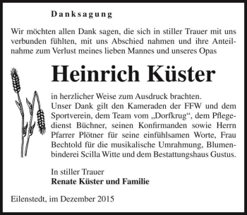 Traueranzeige von Heinrich Küster  von Magdeburger Volksstimme