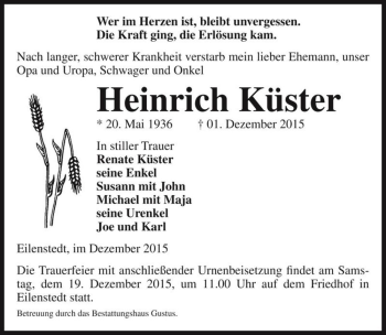 Traueranzeige von Heinrich Küster  von Magdeburger Volksstimme