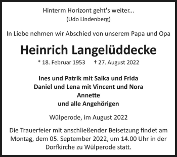 Traueranzeige von Heinrich Langelüddecke  von Magdeburger Volksstimme