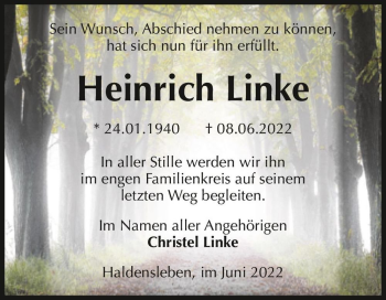 Traueranzeige von Heinrich Linke  von Magdeburger Volksstimme