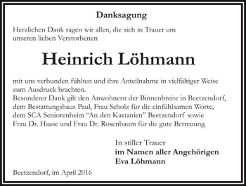 Traueranzeige von Heinrich Löhmann  von Magdeburger Volksstimme