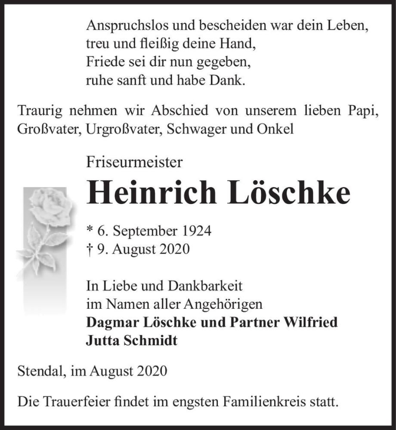  Traueranzeige für Heinrich Löschke  vom 11.08.2020 aus Magdeburger Volksstimme