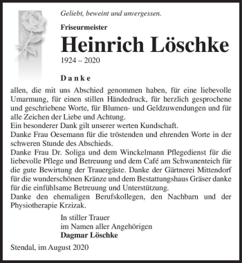 Traueranzeige von Heinrich Löschke  von Magdeburger Volksstimme