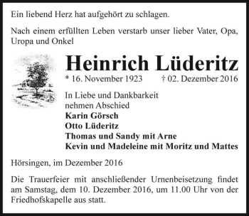 Traueranzeige von Heinrich Lüderitz  von Magdeburger Volksstimme