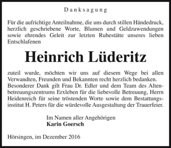 Traueranzeige von Heinrich Lüderitz  von Magdeburger Volksstimme