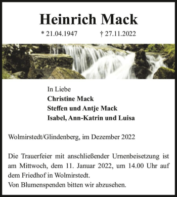 Traueranzeige von Heinrich Mack  von Magdeburger Volksstimme