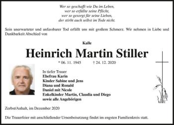 Traueranzeige von Heinrich Martin Stiller  von Magdeburger Volksstimme