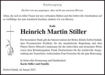 Traueranzeige von Heinrich Martin Stiller  von Magdeburger Volksstimme