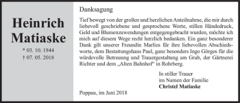 Traueranzeige von Heinrich Matiaske  von Magdeburger Volksstimme
