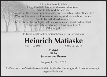 Traueranzeige von Heinrich Matiaske  von Magdeburger Volksstimme