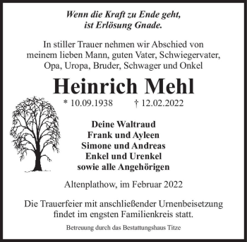 Traueranzeige von Heinrich Mehl  von Magdeburger Volksstimme