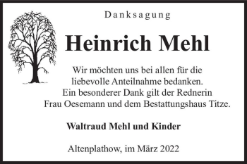 Traueranzeige von Heinrich Mehl  von Magdeburger Volksstimme