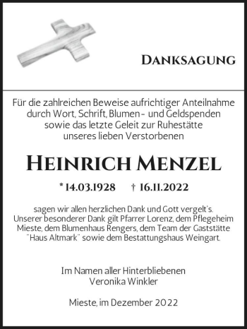 Traueranzeige von Heinrich Menzel  von Magdeburger Volksstimme