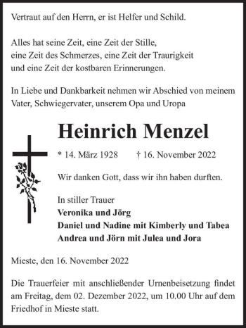 Traueranzeige von Heinrich Menzel  von Magdeburger Volksstimme