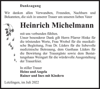 Traueranzeige von Heinrich Michelmann  von Magdeburger Volksstimme