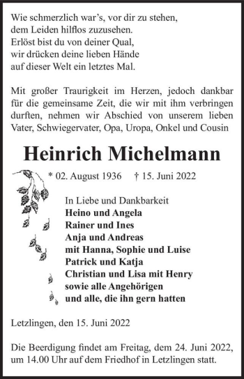 Traueranzeige von Heinrich Michelmann  von Magdeburger Volksstimme