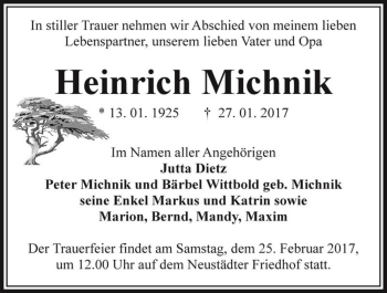 Traueranzeige von Heinrich Michnik  von Magdeburger Volksstimme