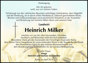 Traueranzeige von Heinrich Milker  von Magdeburger Volksstimme