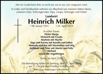 Traueranzeige von Heinrich Milker  von Magdeburger Volksstimme