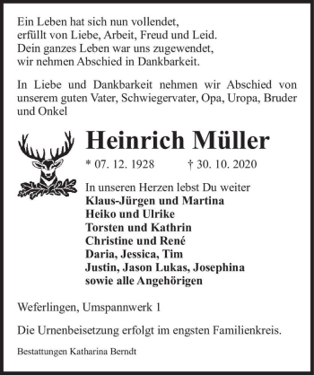 Traueranzeige von Heinrich Müller  von Magdeburger Volksstimme