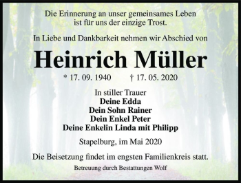 Traueranzeige von Heinrich Müller  von Magdeburger Volksstimme