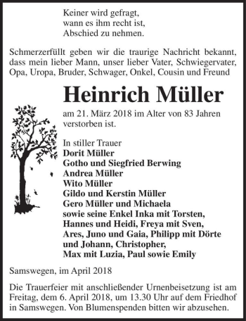 Traueranzeige von Heinrich Müller  von Magdeburger Volksstimme