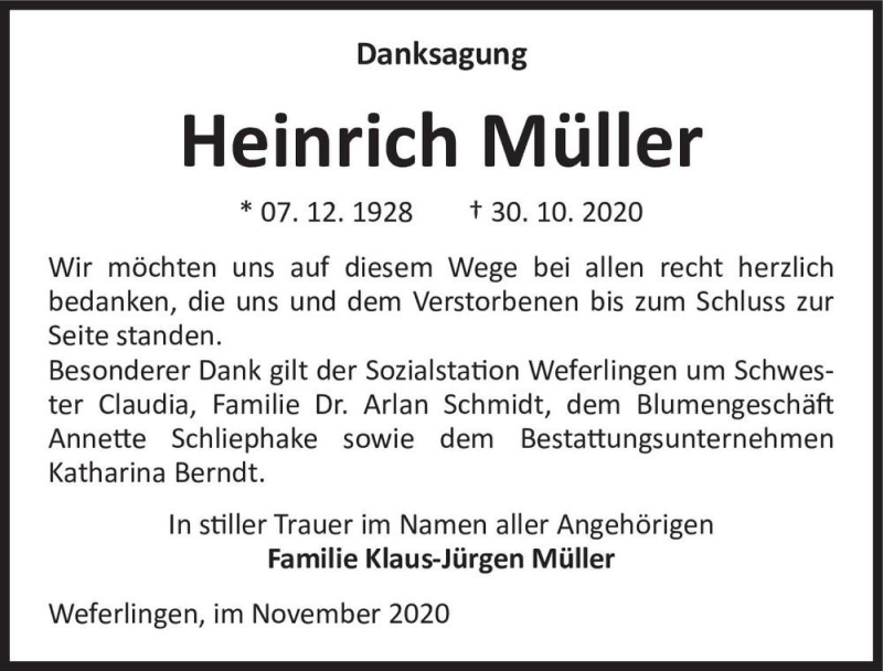  Traueranzeige für Heinrich Müller  vom 18.11.2020 aus Magdeburger Volksstimme