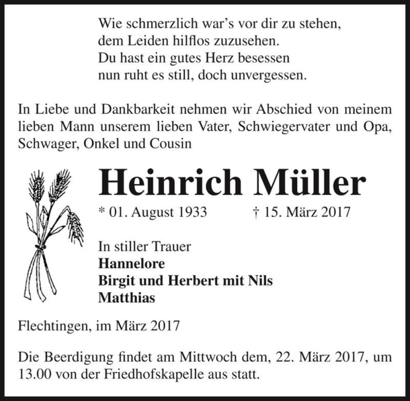  Traueranzeige für Heinrich Müller  vom 18.03.2017 aus Magdeburger Volksstimme