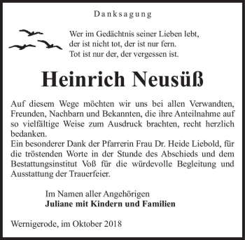 Traueranzeige von Heinrich Neusüß  von Magdeburger Volksstimme