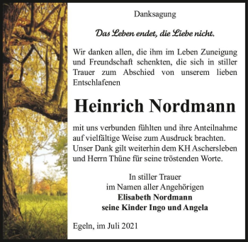 Traueranzeige von Heinrich Nordmann  von Magdeburger Volksstimme