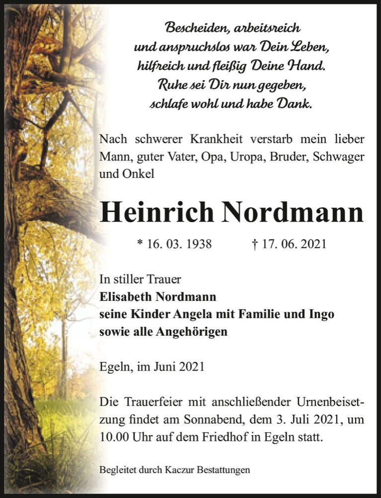  Traueranzeige für Heinrich Nordmann  vom 23.06.2021 aus Magdeburger Volksstimme