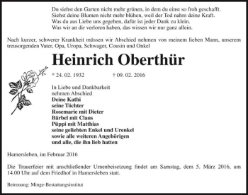 Traueranzeige von Heinrich Oberthür  von Magdeburger Volksstimme