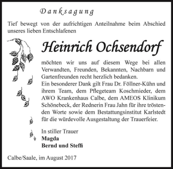 Traueranzeige von Heinrich Ochsendorf  von Magdeburger Volksstimme