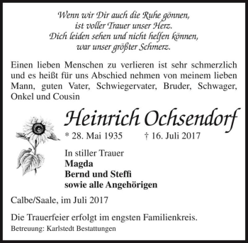 Traueranzeige von Heinrich Ochsendorf  von Magdeburger Volksstimme