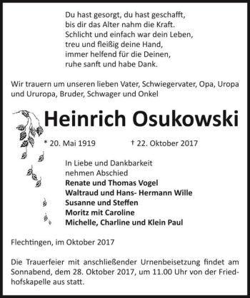 Traueranzeige von Heinrich Osukowski  von Magdeburger Volksstimme