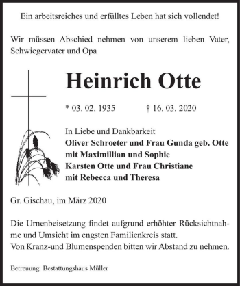 Traueranzeige von Heinrich Otte  von Magdeburger Volksstimme
