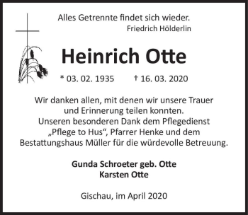 Traueranzeige von Heinrich Otte  von Magdeburger Volksstimme