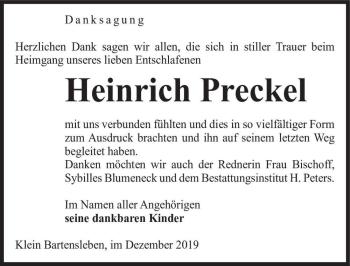 Traueranzeige von Heinrich Preckel  von Magdeburger Volksstimme