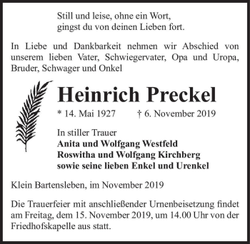 Traueranzeige von Heinrich Preckel  von Magdeburger Volksstimme