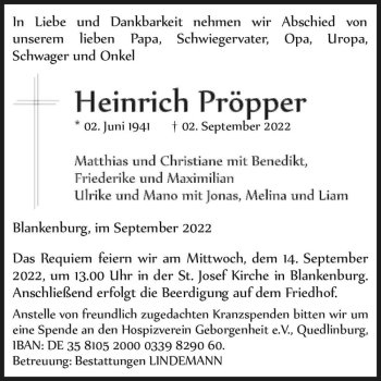 Traueranzeige von Heinrich Pröpper  von Magdeburger Volksstimme