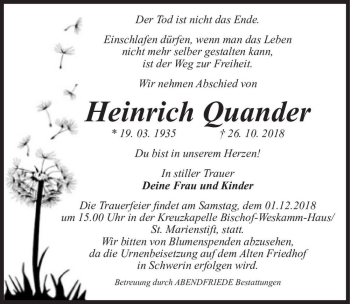 Traueranzeige von Heinrich Quander  von Magdeburger Volksstimme