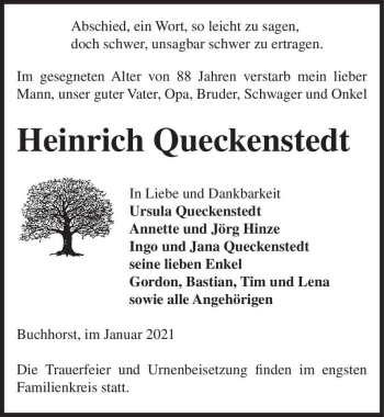Traueranzeige von Heinrich Queckenstedt  von Magdeburger Volksstimme