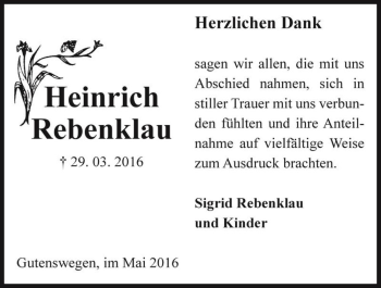 Traueranzeige von Heinrich Rebenklau  von Magdeburger Volksstimme