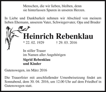 Traueranzeige von Heinrich Rebenklau  von Magdeburger Volksstimme