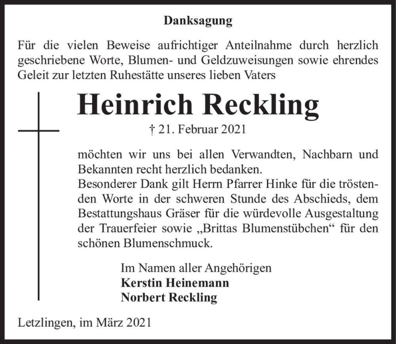  Traueranzeige für Heinrich Reckling  vom 26.03.2021 aus Magdeburger Volksstimme