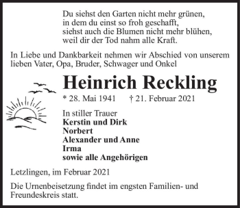 Traueranzeige von Heinrich Reckling  von Magdeburger Volksstimme