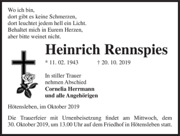 Traueranzeige von Heinrich Rennspies  von Magdeburger Volksstimme