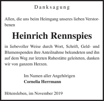 Traueranzeige von Heinrich Rennspies  von Magdeburger Volksstimme